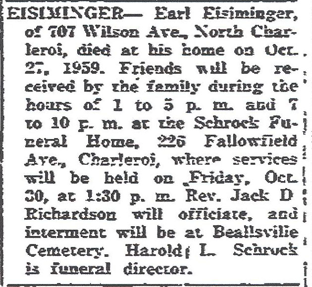 Earl Eisiminger funeral notice